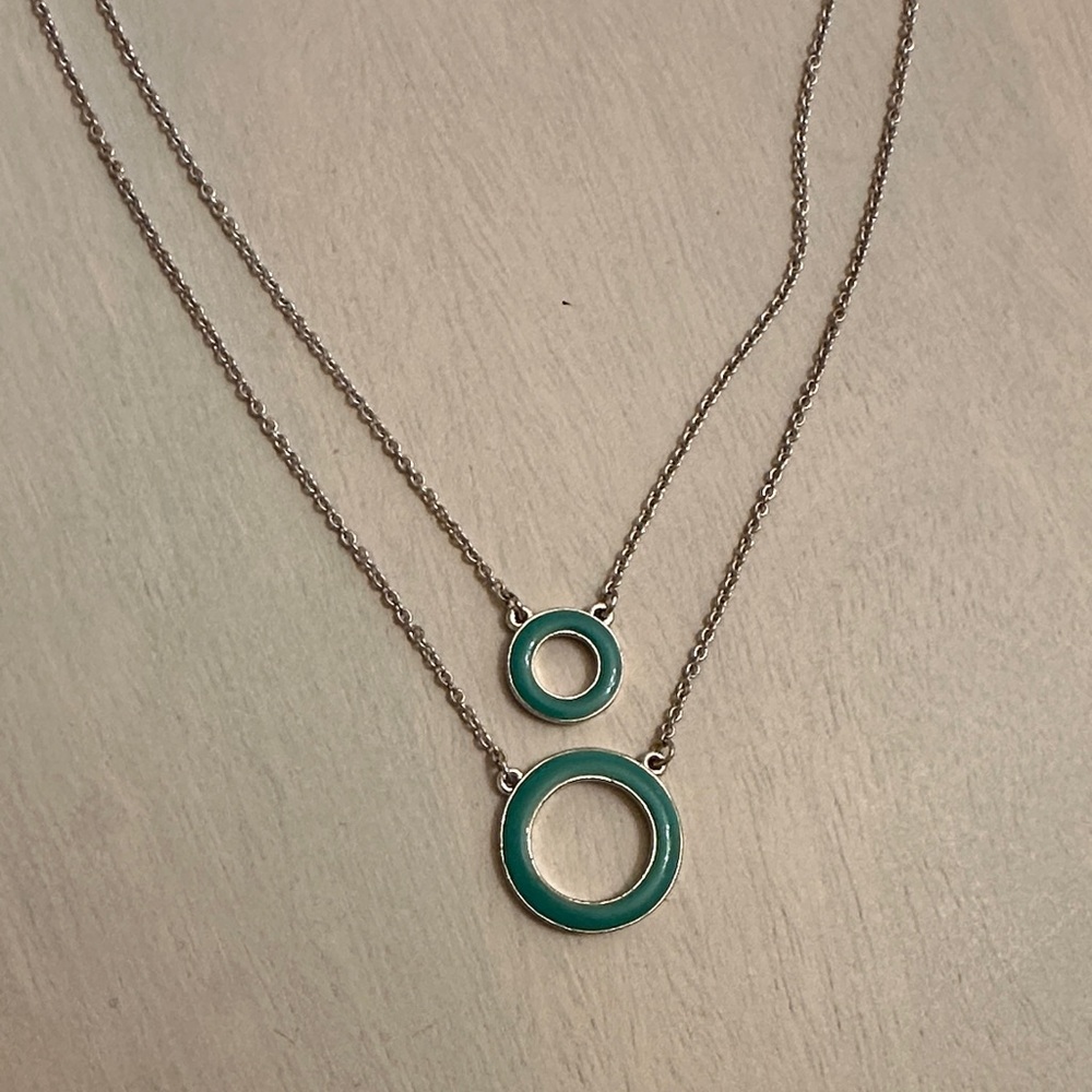 Elegant Silver Tone and Teal Double Circle Necklace